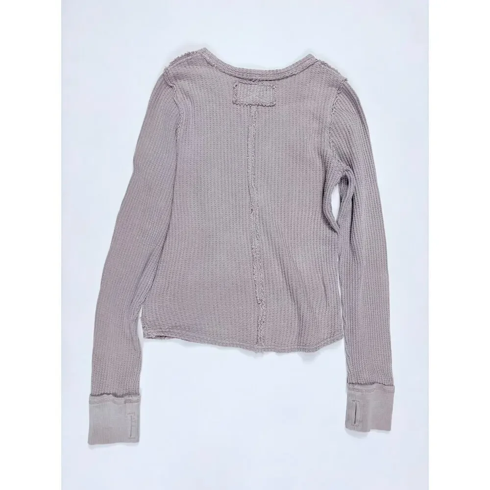 Free People We The Free Waffle Knit Thermal Top Taupe Minimalist Boho Coastal T
